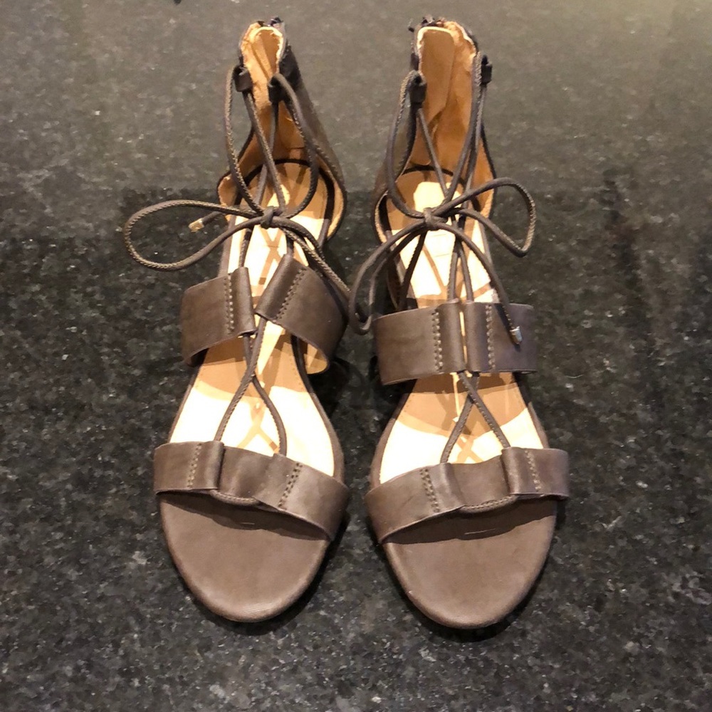 Gray/Green Block Heeled Laced Sandals
